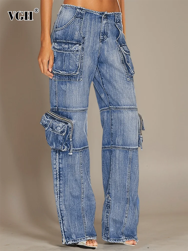 Solid Patchwork Pockets Casual Denim Trousers For Women High Waist Spliced Button Streetwear Loose Cargo Jeans Female New