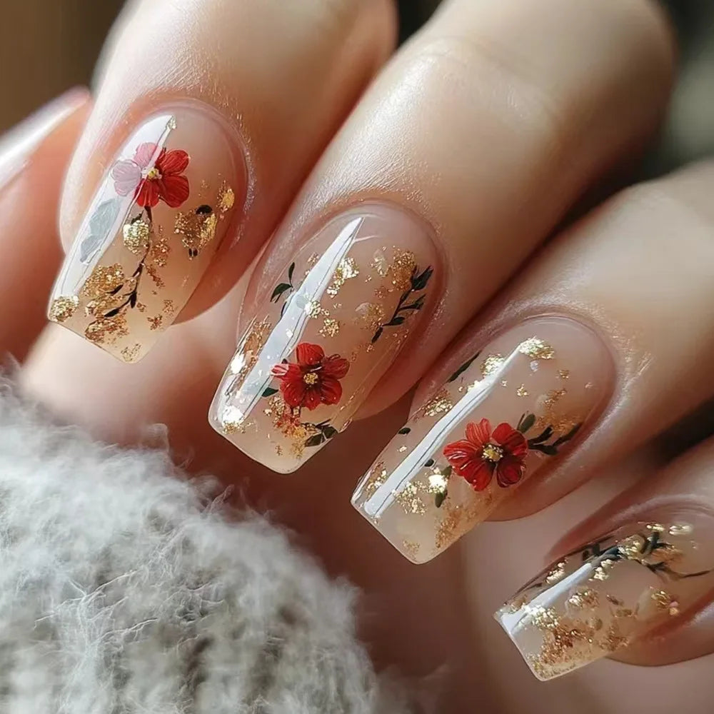24pcs Acrylic Press on Nails Medium Green Flower Plants Pattern Fake Nails with Glue Ballet Full Cover Wearable False Nail Tips