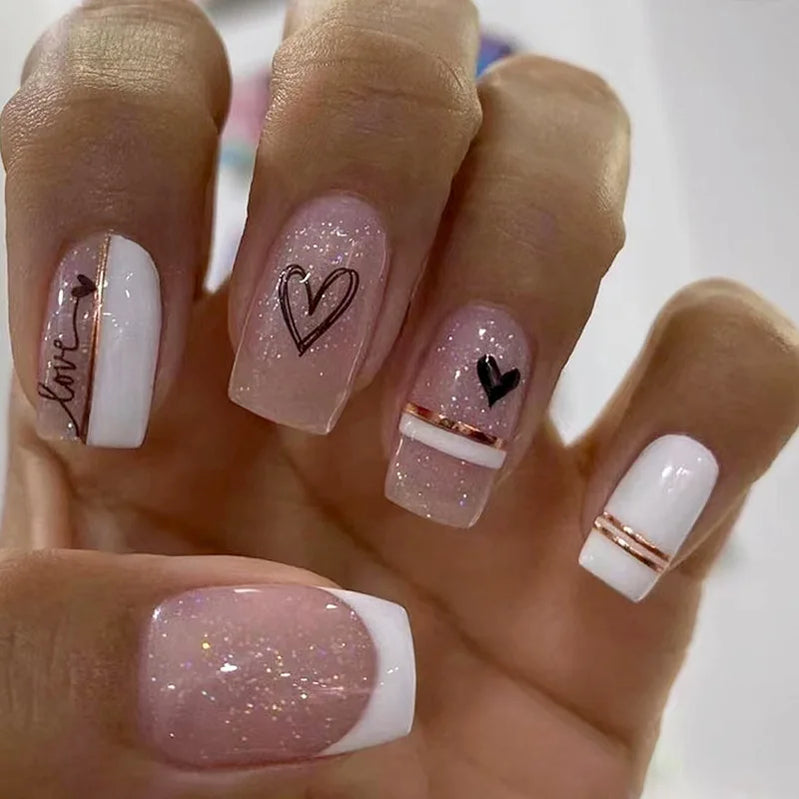24 peças unhas postiças curtas redondas azul-francês brilhante pérola branco ondulado amor coração cobertura total destacável pontas de pressão