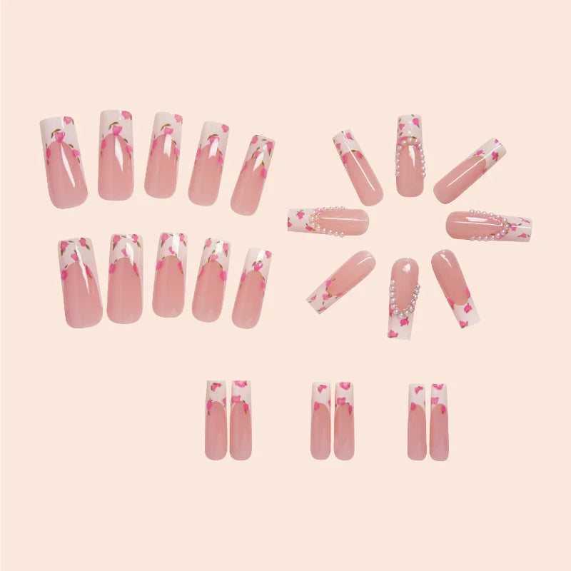 24Pcs Elegant Ballet Press-On Square Nails Pink French Tips with Delicate Floral &Pearl Accents Perfect for Spring Occasions