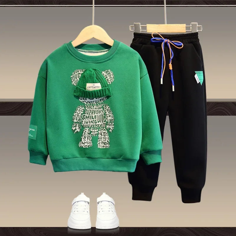 Children Loungewear Suits for Boys Girls Autumn Tracksuit Junior Kids Pullover & Pants 2 Pcs Sets Baby Bear Clothing Set 2-14Y green black suit