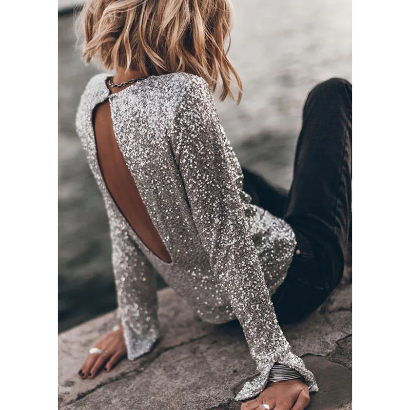 Autumn and Winter New Party Sequin Long Sleeve Top Sexy Backless Sequin Top T-shirt INS Casual Loose Split Top Women's Club Top