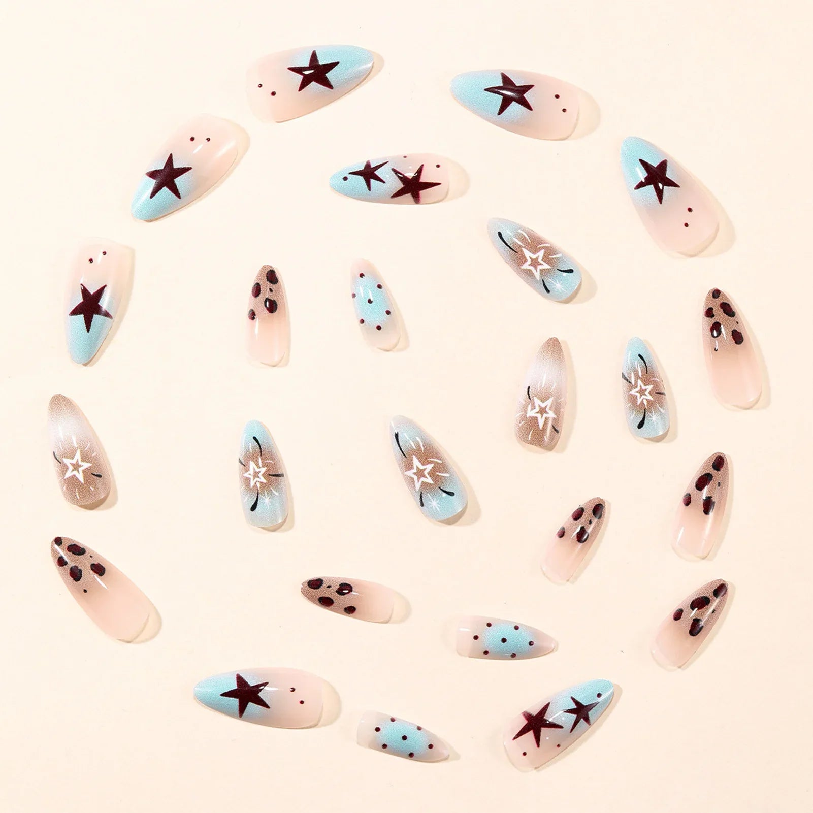 24Pcs Almond Fake Nails with Leopard Printed Y2K Girls Charm Manicure Gradient Color Press On Nails Star/Dot Designs Nails Art