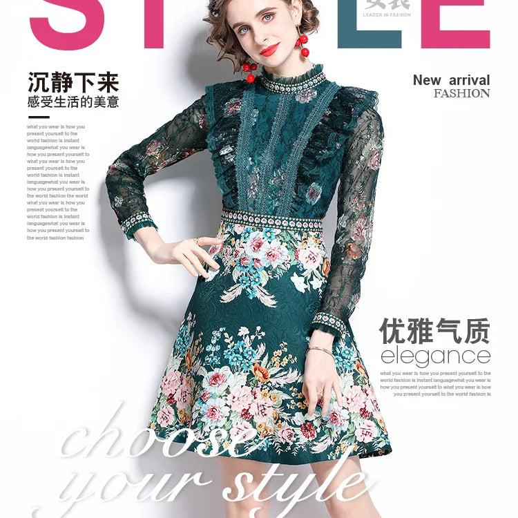 Spring Fashion Runway Flower Jacquard Dress Women's Beading Stand Long Sleeve Ruffles Lace Stitching Vintage Party Vestidos