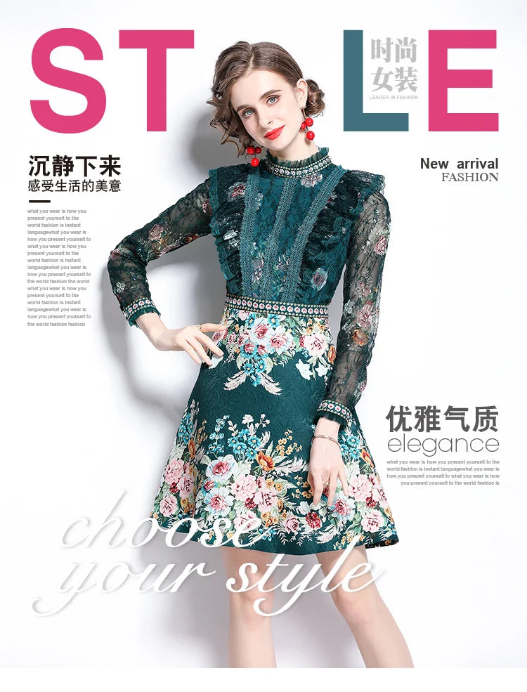 Spring Fashion Runway Flower Jacquard Dress Women's Beading Stand Long Sleeve Ruffles Lace Stitching Vintage Party Vestidos