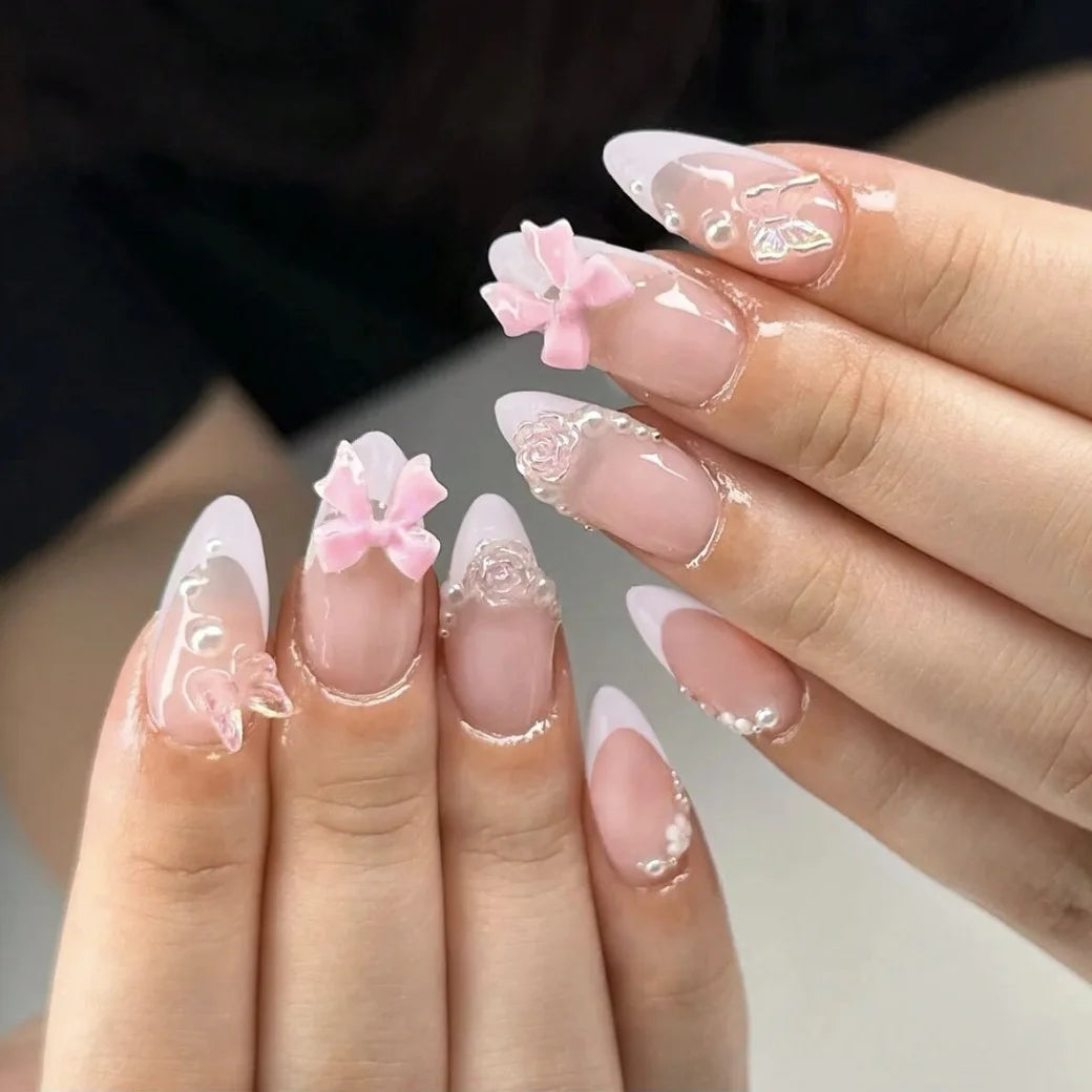 Pink French Style Fake Nails Almond Ballerina Press on Nails 3D Bowknot Designs Nude Color Stick-on False Nails Tips 24Pcs