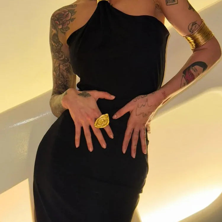 Turtleneck Off-shoulder Sexy Knit Maxi Dress For Women Gown Metal Buckle Strapless Sleeveless High Waist Knitted Dress