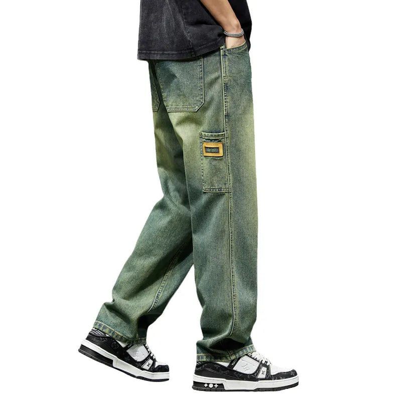 Wide Leg Jeans Men Baggy Pants Summer Straight Cut Loose Retro Blue Denim Pants Streetwear Fashion Pockets Vintage Man Clothes 1018-QGL