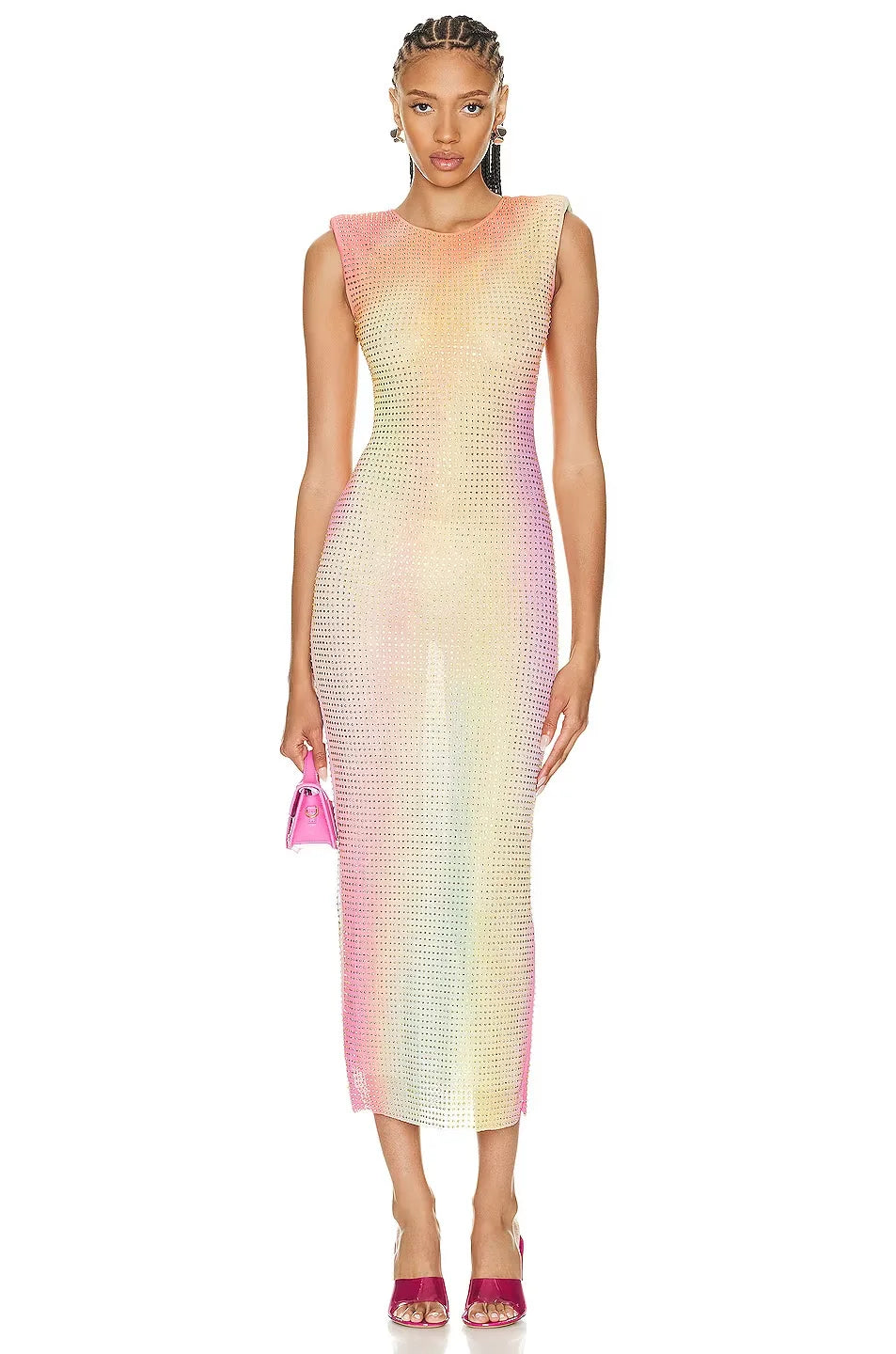 Spring Women Sleeveless Sexy O-Neck Bodycon Shinning Rhinestones Long Mesh Dess Celebrate Nightclub Party Birthday Dress