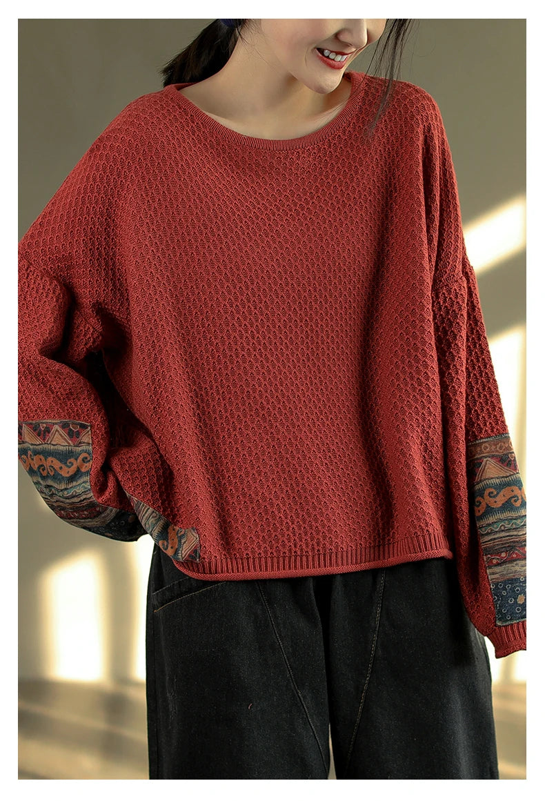 Vintage Print Patchwork Sweater Spring Fall Fashion Women's Loose Casual Long Sleeve Knitting Pullovers Female Elegance Knitwear