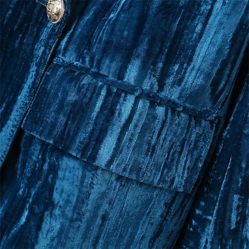 Women's Velvet Suit Jacket Flap Pockets Double Breasted Fashion Retro Office Lady Outerwear Coat Top