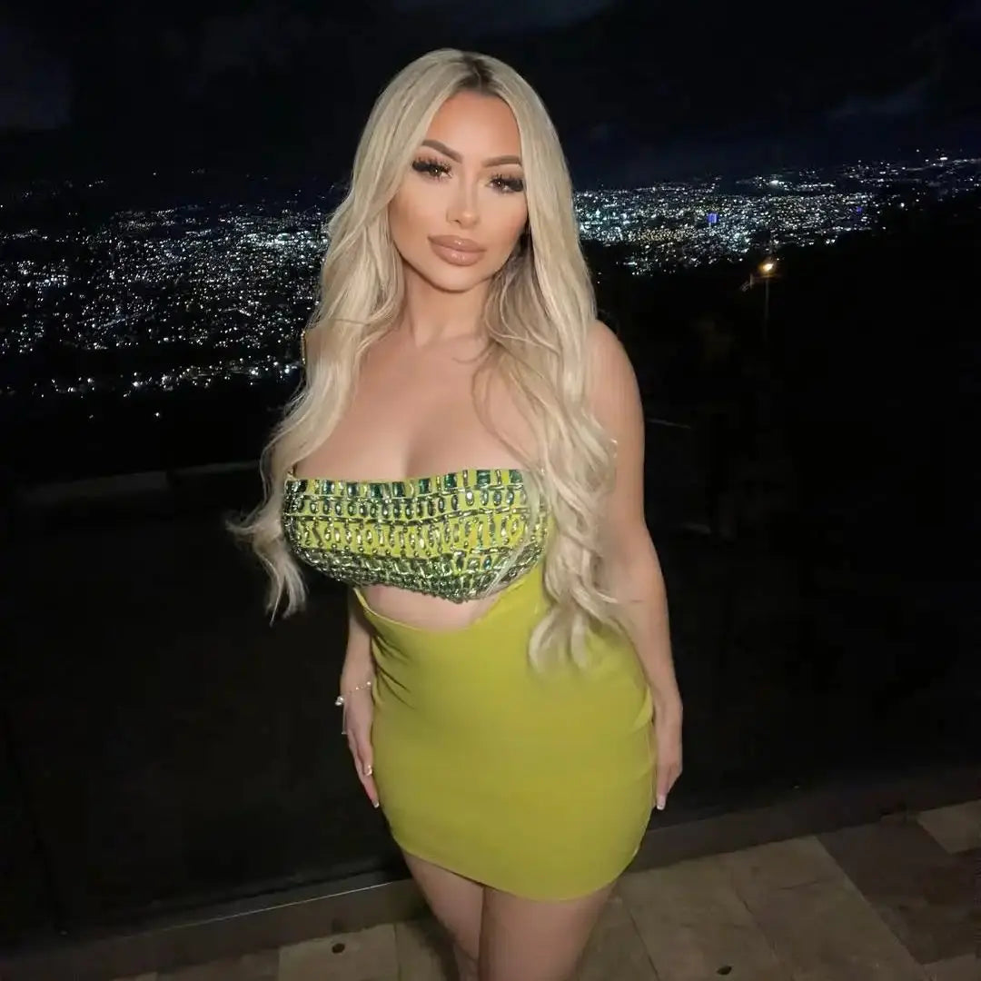 2025 Shining Diamonds Sexy Hollow Strapless Sheath Green Bandage Mini Dress Fashion Woman Party Dress Music Festival Outfit