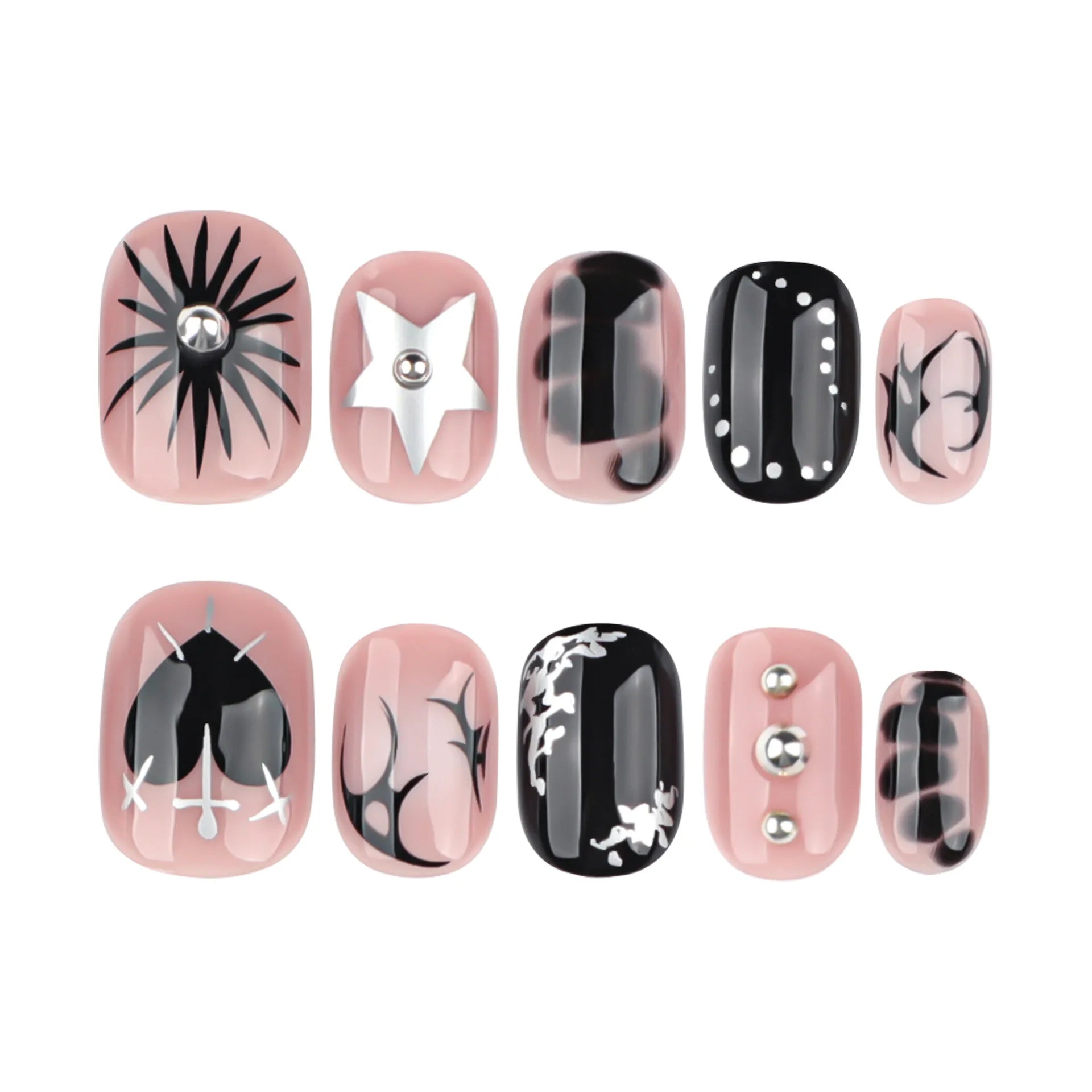 Y2K Girls Black Fake Nails 24Pcs Short Oval Shaped Press On Nails Silver Star/Love Heart/Bowknot Printed Stick-on False Nails