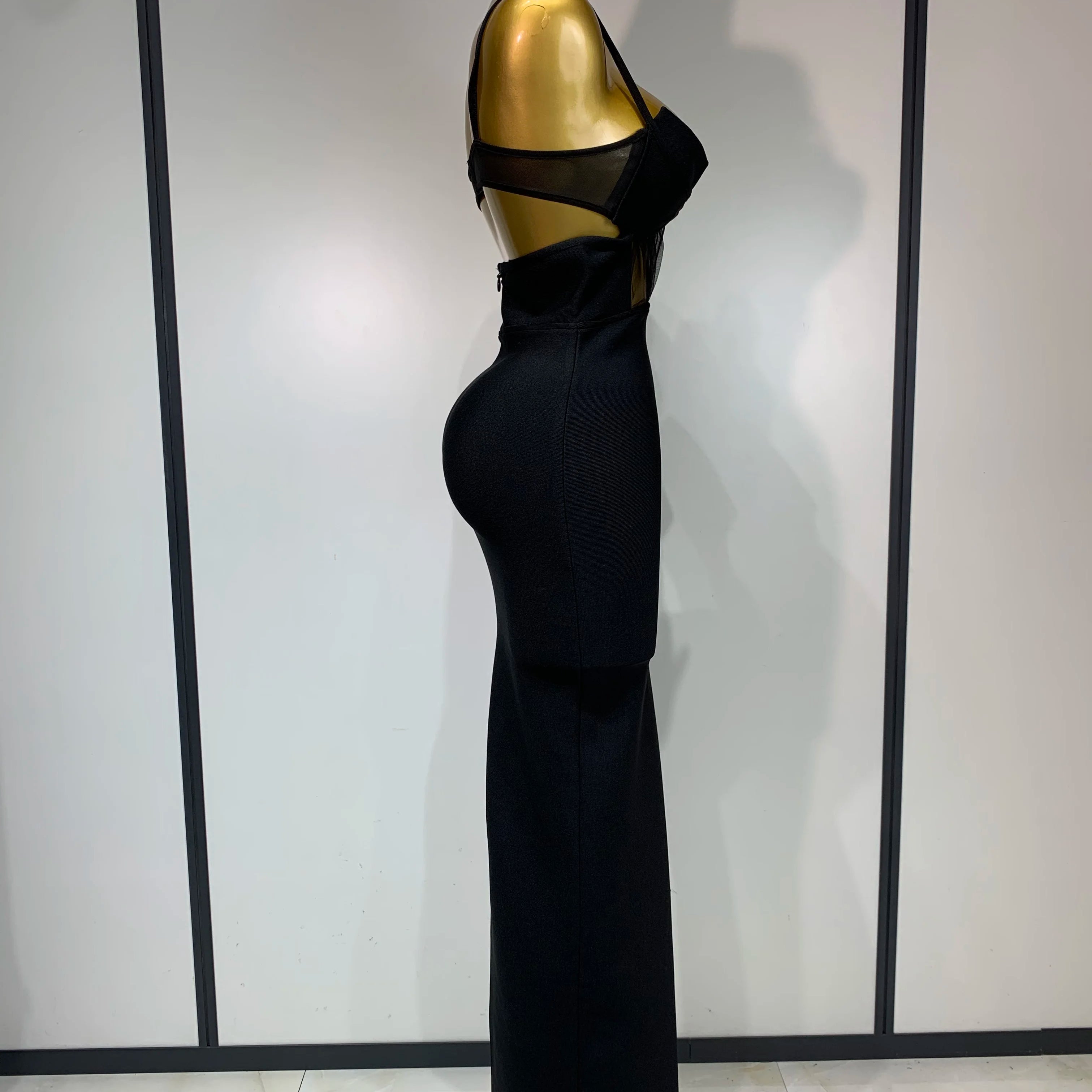 Fashion Black Spaghetti Strap Maxi Long Bandage Dress Mesh Cut Out Elegant Celebirty Bodycon Evening Club Party Birthday Dresses