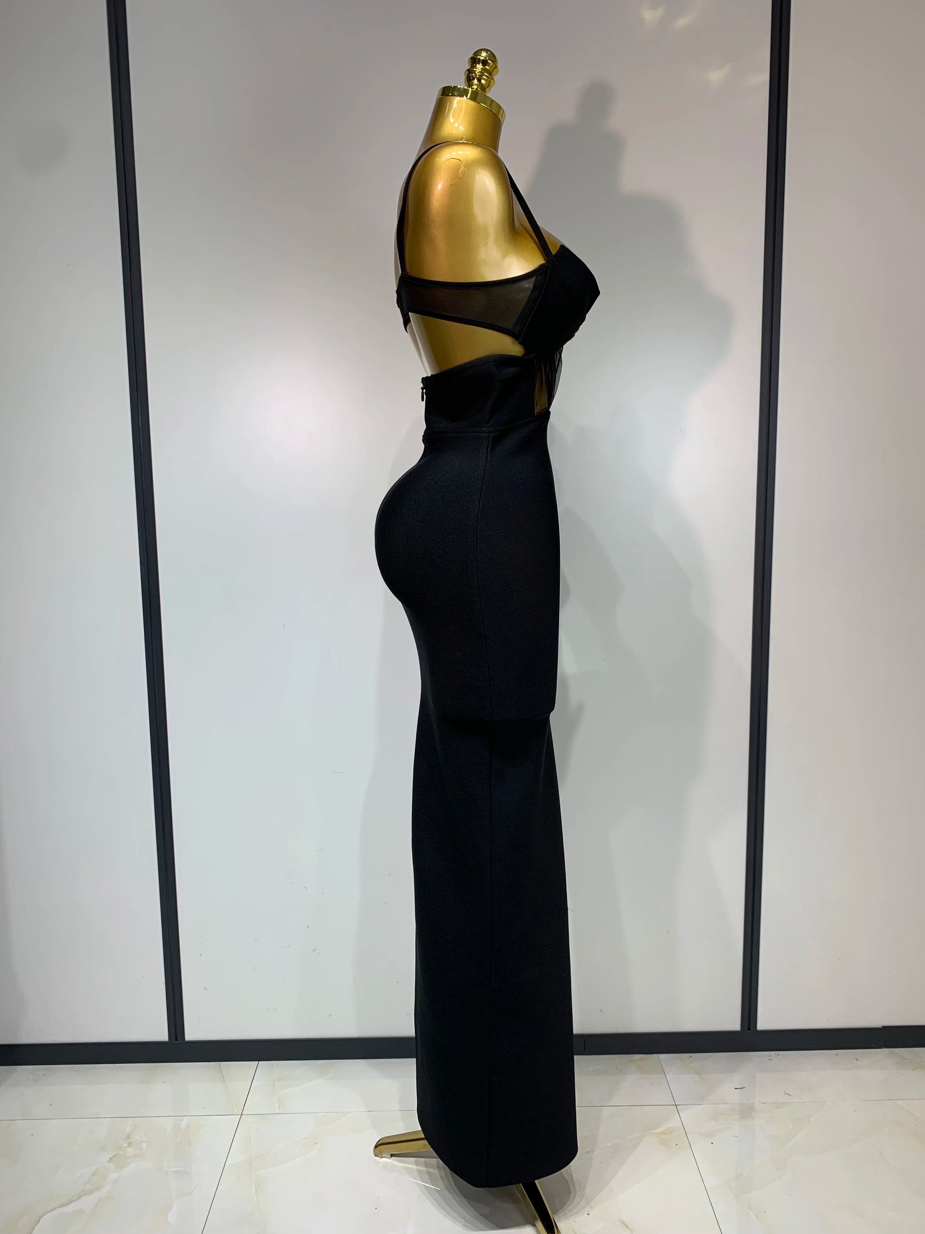 Fashion Black Spaghetti Strap Maxi Long Bandage Dress Mesh Cut Out Elegant Celebirty Bodycon Evening Club Party Birthday Dresses