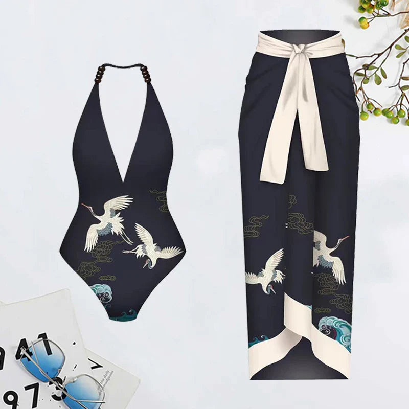 LANSWE Deep V One-Piece Swimwear Women Swimsuit Two-Piece Suit Summer Beach Wear Women's Swimsuit Beach Outing AA001