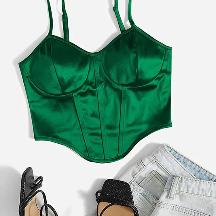 New Summer Women's Satin Sleeveless Chain Strap Crop Tops Tank Tops Bustier Clubwear Camisole