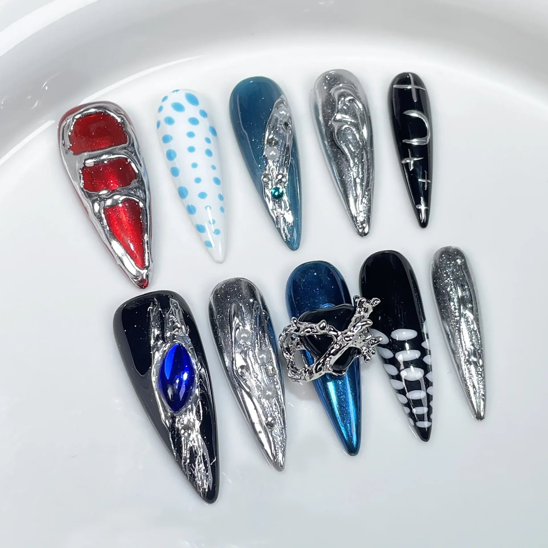 10 peças de unhas postiças estilo olho de gato roxo, estilo retrô, removíveis, com cobertura total, pontas de unhas artísticas
