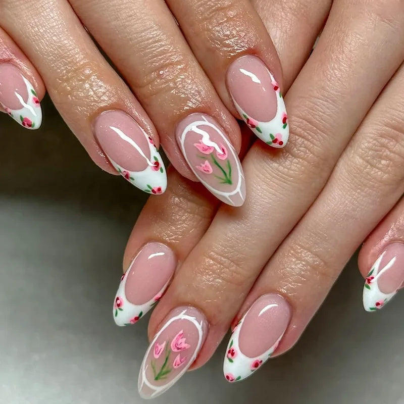 24pcs French Almond Press on Nails Flower Pattern Fake Nails False Nails Artificial Tips Накладные Ногти Uñas Postizas Mujer 네일팁