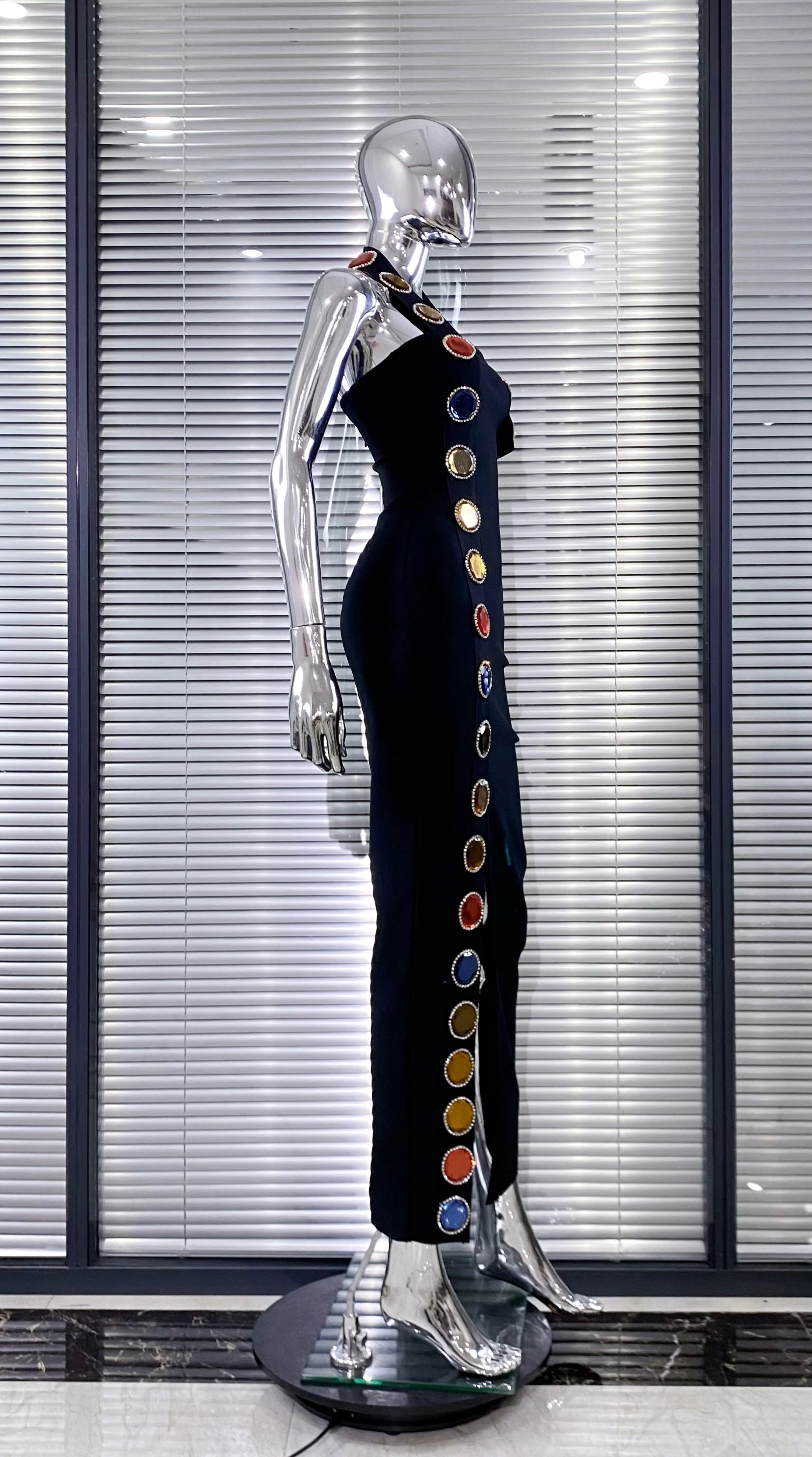 New Summer Special Design Shining Colorful Diamonds Sexy Halter Black Bandage Dress Woman Birthday Party Dress Club Party Outfit