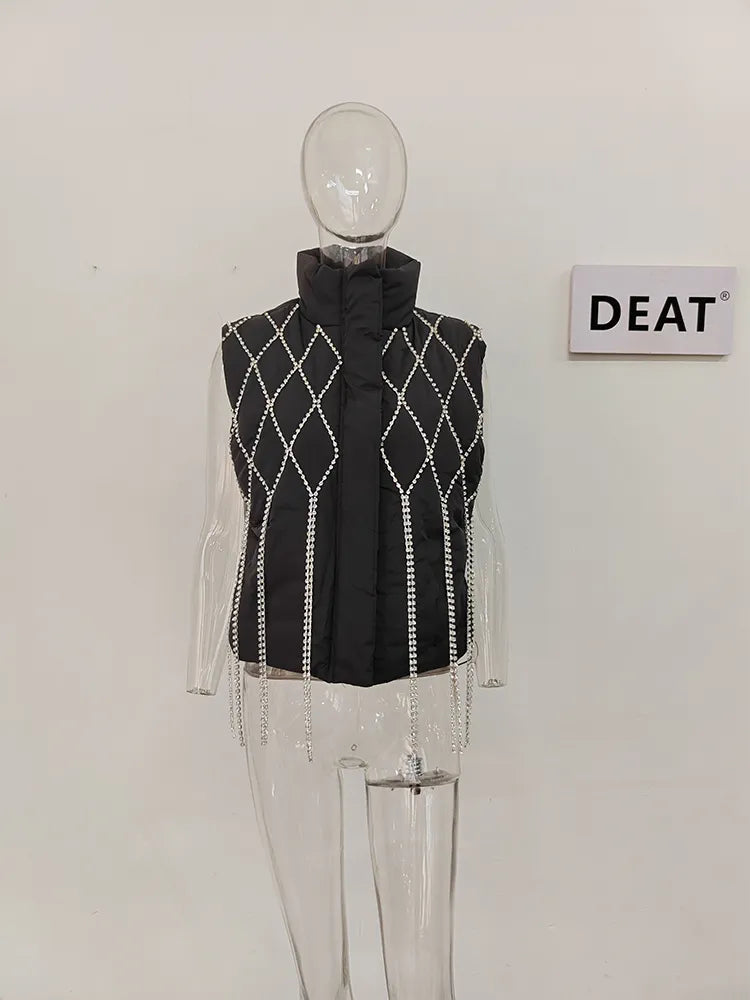 Fashion Women's Waistcoat Loose Stand Collar Single Breasted Sleeveless Plaid Diamonds Tassel Vest Winter Black