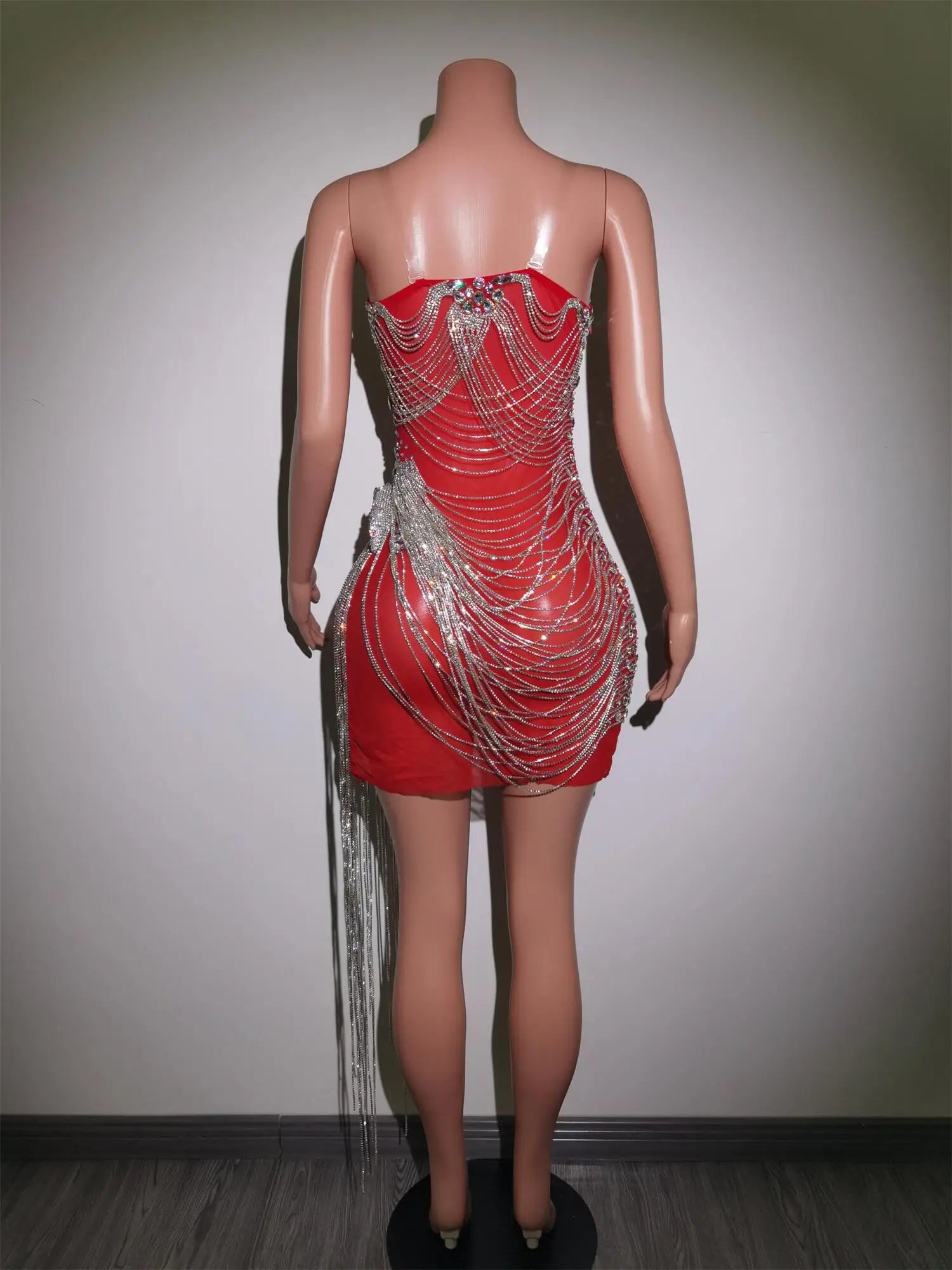 Luxurious Silver Crystals Chains Summer Dresses Women Fashion Rhinestones Fringes Performance See Through Outfit Costume Luoli