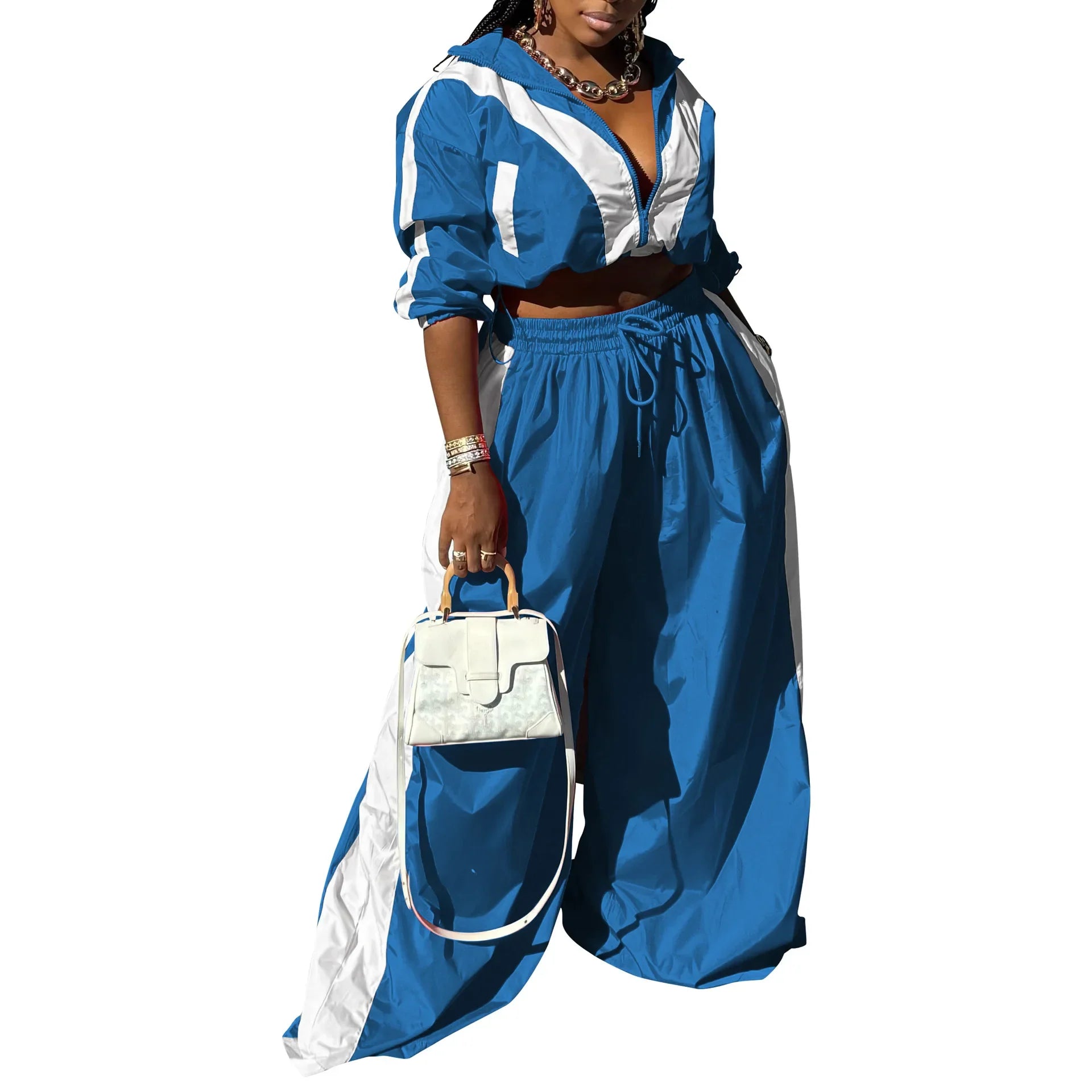 CM.YAYA Active Patchwork Women's Set Zipper Sweatshirt Jacket and Wide Leg Pants Suit 2025 INS Two 2 Piece Sets Outfit Tracksuit Blue