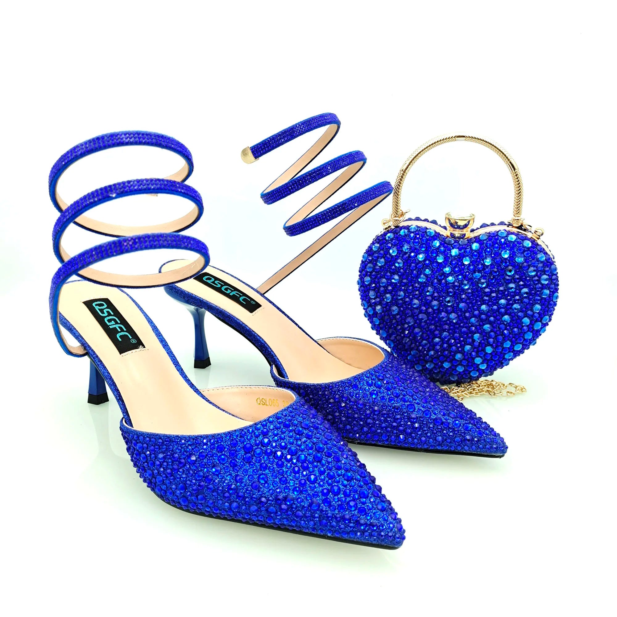 Gold Color Shine Luxury Design Heart Shaped Packet And Mid-heel Rhinestone Snake Wrap Strap Pointed Toe Shoes And Bag ROYAL BLUE FOR SET
