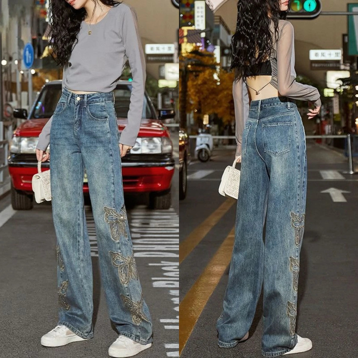 Summer Hollow Lace Jeans Women Panel Diamond Butterfly Feet Slim Fit Embroidered Long Pants Loose Hip Wrap Vintage Stretch 2024 Turquoise