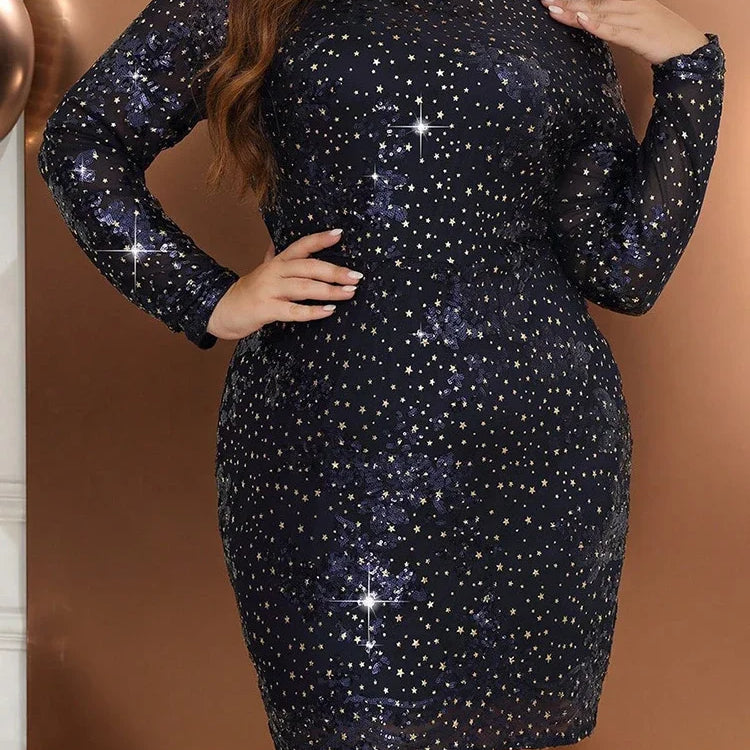 Sparkly Shiny Dresses for Women O Neck Long Sleeve Sequins Package Hip Sexy Mini Evening Birthday Party Plus Size Gowns 2024