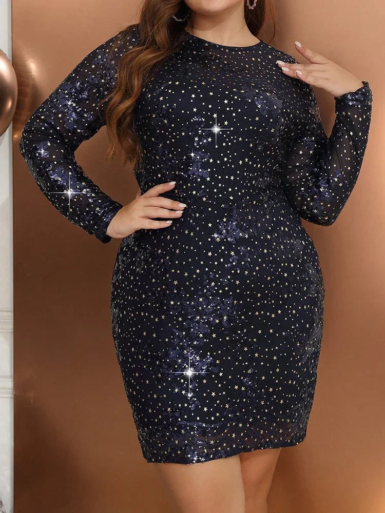 Sparkly Shiny Dresses for Women O Neck Long Sleeve Sequins Package Hip Sexy Mini Evening Birthday Party Plus Size Gowns 2024