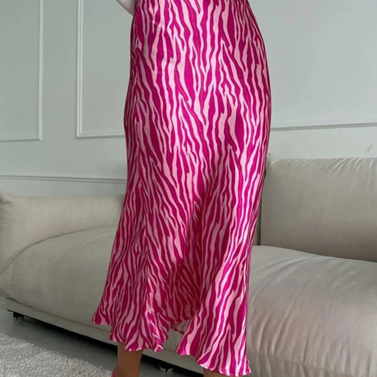 2023 Summer Autumn Women Elegant Midi Satin Skirts Printed High Waist Office Ladies Bodycon Pencil Slim Skirt For Women Rose Red
