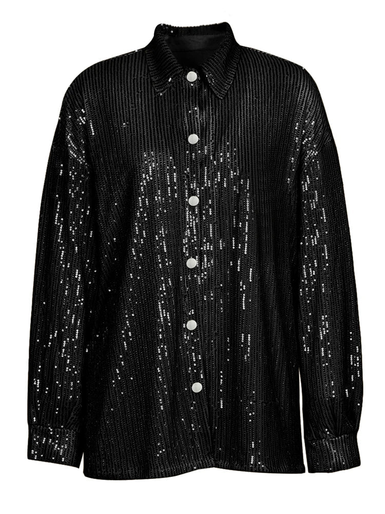 Tossy Sparkly Two-piece Set Party Outfits For Womens Sequin Top Blouse Shirt And Pants Suit Female Luxury Evening Tracksuit New Black Shirt
