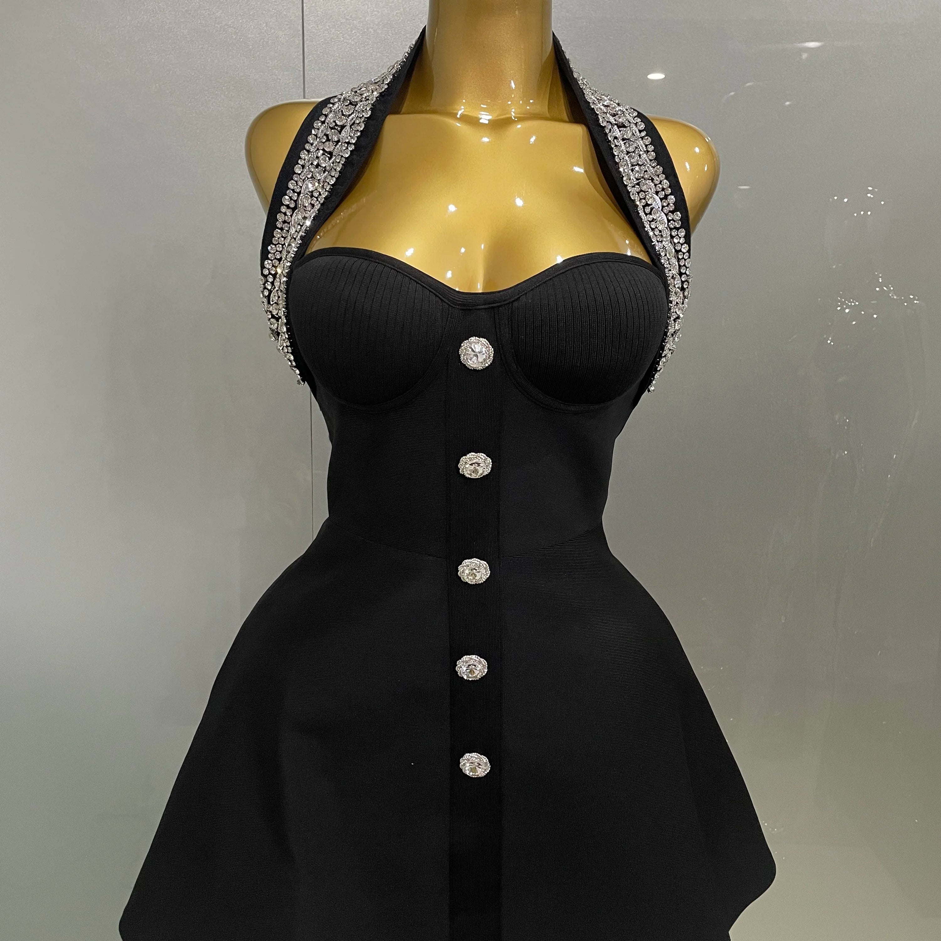 Robe longue moulante noire sexy à épaules dénudées et cristaux brillants pour femme, tenue de soirée élégante avec gants