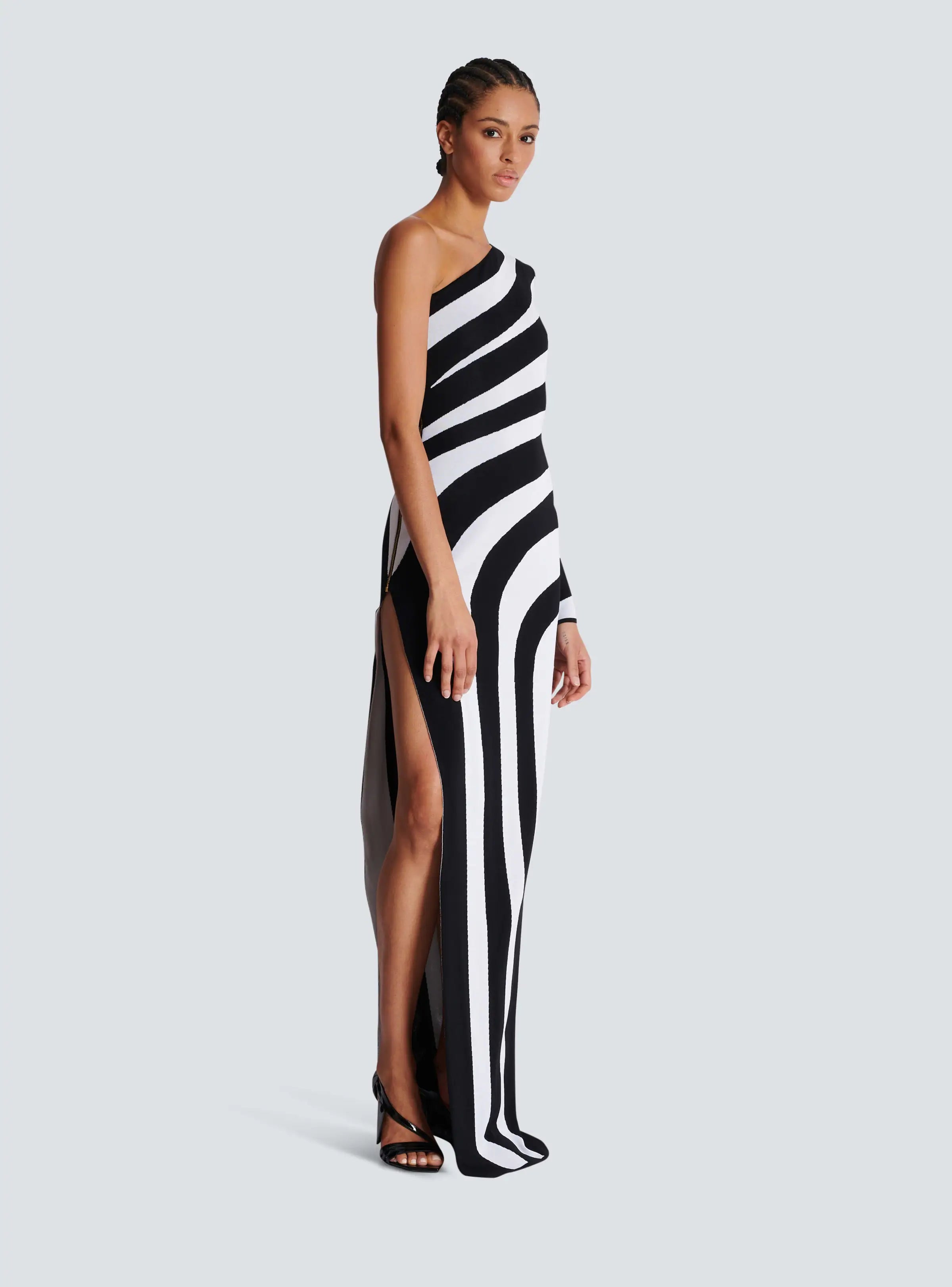 Black White Stripes Sexy High Slit One Shoulder Ankle Length Bandage Dress Fashion Woman Evening dress Celebrity Party Outfit