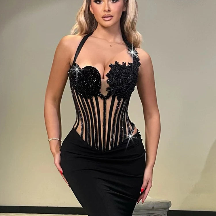 VC Glamorous Black Halter Sequin Flower Mesh Top Mermaid Dress for Galas Evening Gown