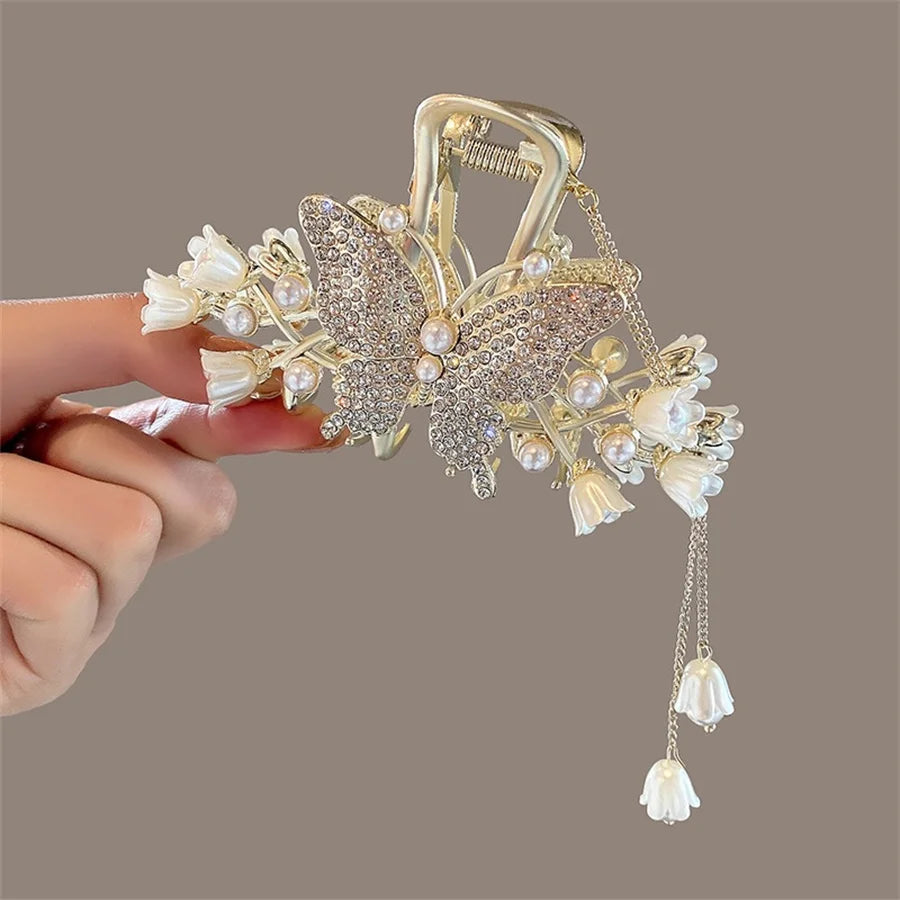 New Fashion pearl crystal flower Metal Hair Claw Clips Simple Non Slip Gold retro Barrettes Hair Jaws For Women Girls Daily gift 7