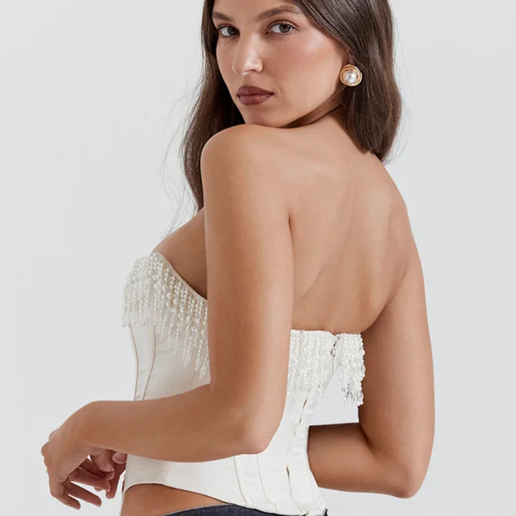 Mozision Pearl Tassel Sexy Crop Tops Women Off-shoulder Backless Skinny Corset Tops Femme Satin Fashion Club Party Tops Mujer
