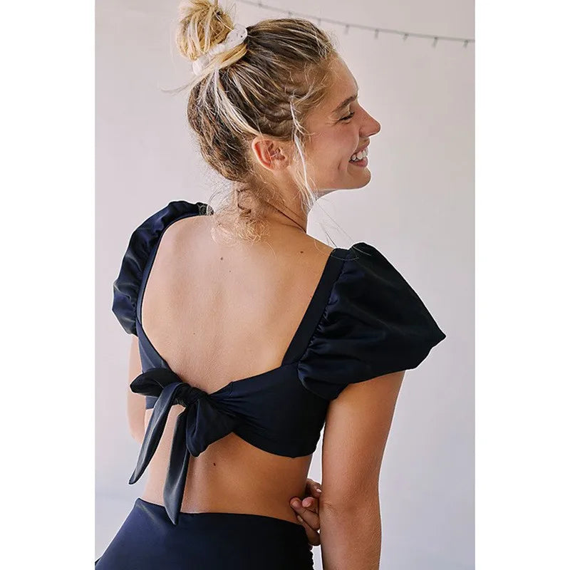 Bikinis Sexy Solid Color Backless Puff Sleeves Split Swimsuit Black Feminine Summer Beachwear Bathing Suit Women Swimwear
