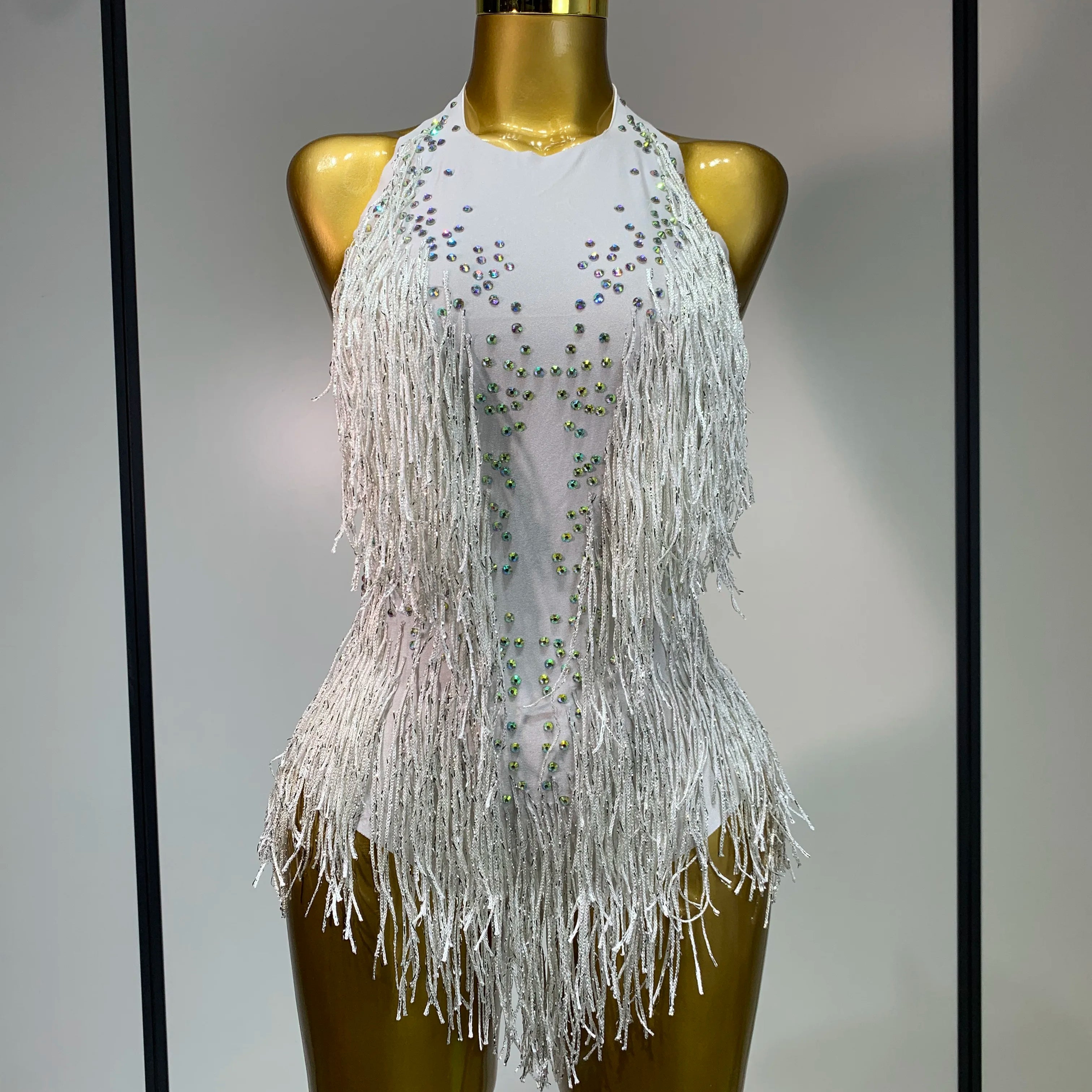 Sparkly Rhinestones Fringes Leotard Women Nightclub Evening Party Outfit Dance Costume Stage Outfit Sexy Performance Bodysuit