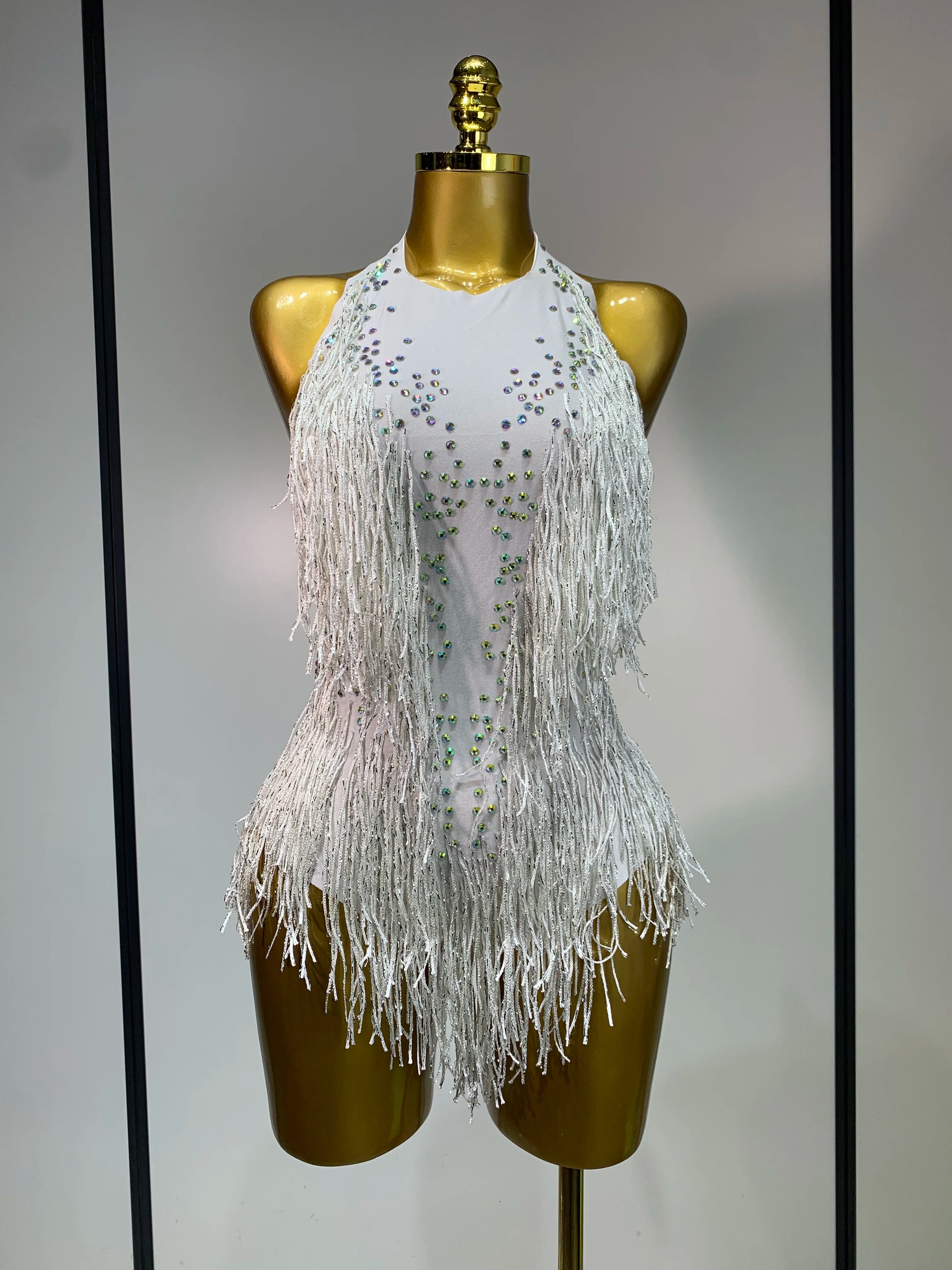 Sparkly Rhinestones Fringes Leotard Women Nightclub Evening Party Outfit Dance Costume Stage Outfit Sexy Performance Bodysuit