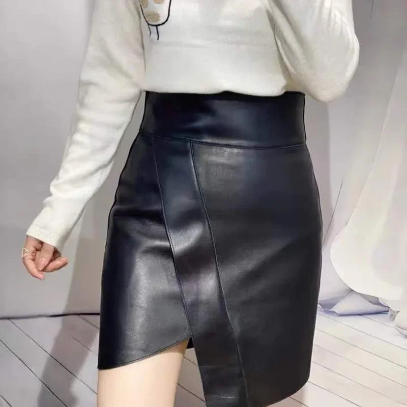 Tcyeek Real Leather Sheepskin Black Skirt Women Elegant New Leather Skirt Women's High Waist Mini Skirt Women Falda Sexy Mujer