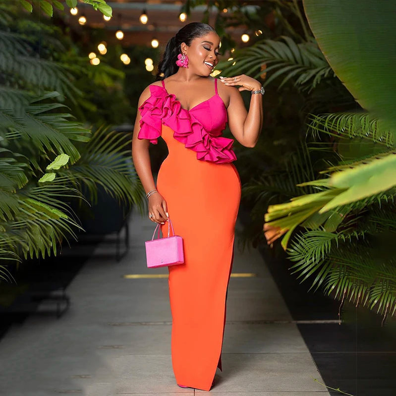 Fashion Orange Color Women Sleeveless Sexy V-Neck Ruffles Bodycon Mid-calf Bandage Dress Birthday Celebrate Party Dress