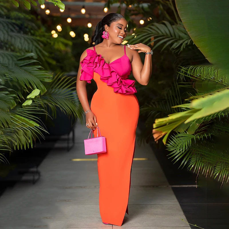 Fashion Orange Color Women Sleeveless Sexy V-Neck Ruffles Bodycon Mid-calf Bandage Dress Birthday Celebrate Party Dress