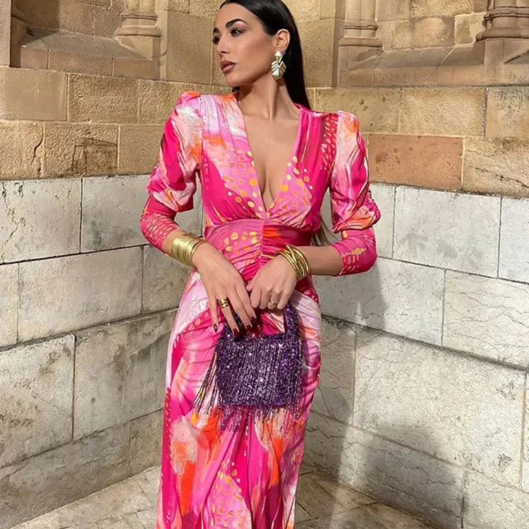 Elegant Tye Die Print Pleated Bodycon Maxi Dress Women Vintage Long Sleeve V-neck A-line Dresses Ladies Holiday Party Robes rose red