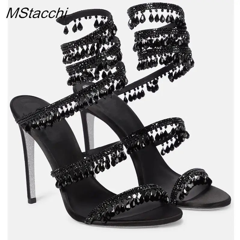 Crystal Wrap Sandals Women Summer Wedding Shoes High Heel Party Shoes Ankle Strappy Sandals Designer Stiletto Heel Shoes