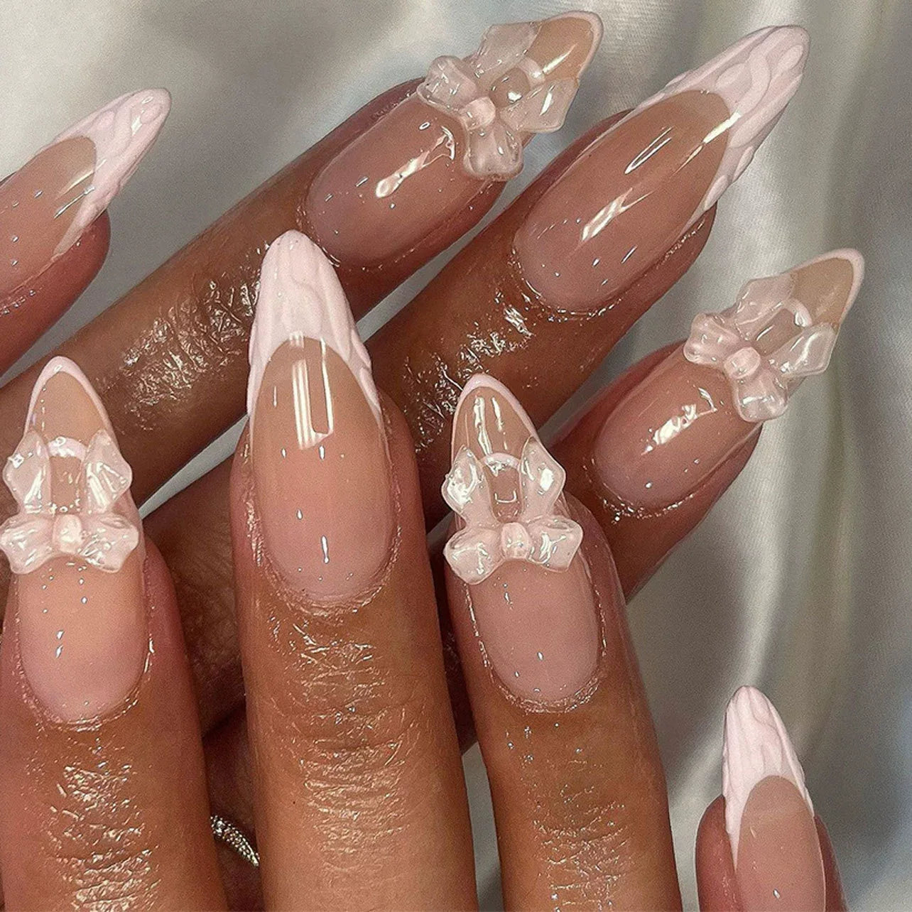 Valentine's Day Almond Press on Nails Set 3D Bow Love French Sweet False Nails Rhinestone Wearing Nail Tips Art Acrylic Manicure