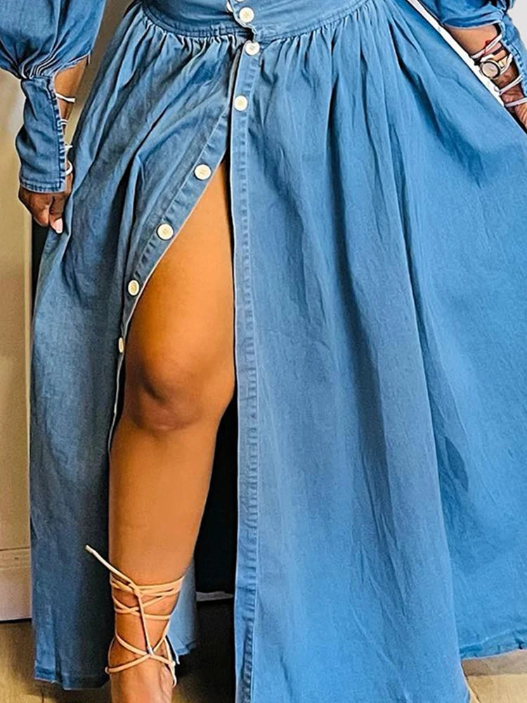 Women Denim Two Piece Set Plus Size Split Hem Off the Shoulder Elegant Puff Sleeve Elastic Top and High Waist Skirt Set Outfits