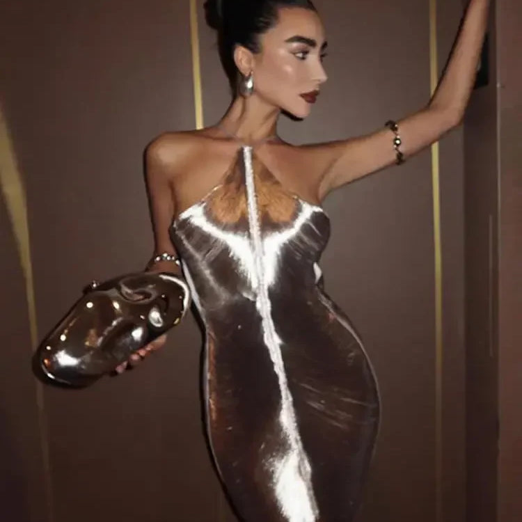 Sexy Fashion Metallic Halter Mini Dress For Women Female Sleeveless Backless Sliming Vestidos Lady Party Club Evening Gown Robe
