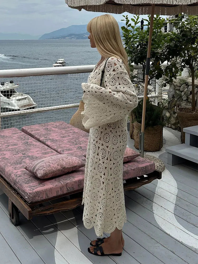 Elegant Hook Flower Hollowed Out Midi Dress Women V Neck Long Flare Sleeves Loose Robes New Fashion Female Vacation Vestido